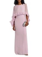 Silk Georgette Cape Ruffle Gown