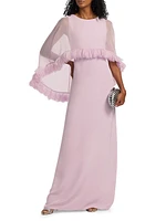 Silk Georgette Cape Ruffle Gown