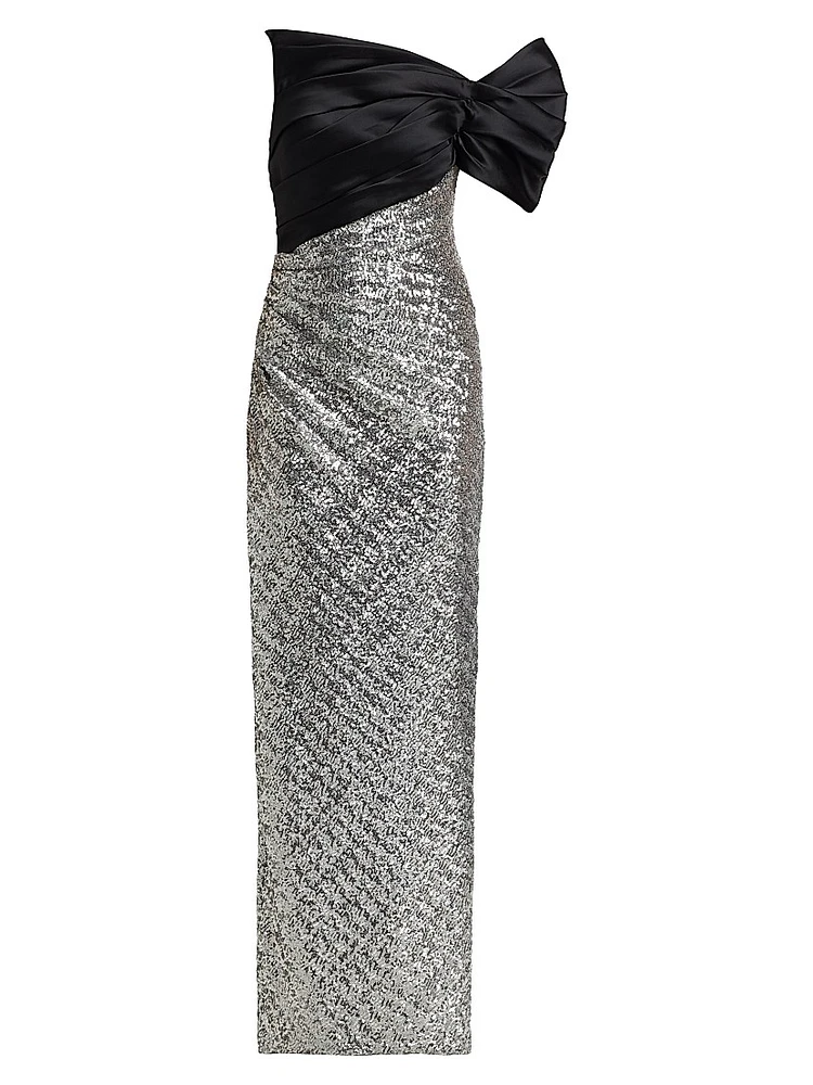 Satin Sequined One-Shoulder Column Gown