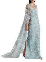 Embroidered Feather Cape Gown