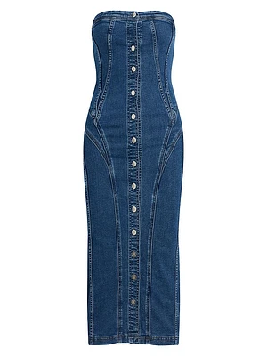 Stretch-Denim Strapless Midi-Dress