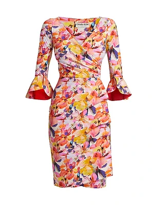 Triana Floral Stretch Bell-Sleeve Knee-Length Dress