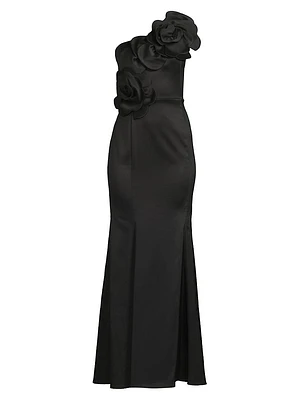 One-Shoulder Floral Appliqué Crepe Gown