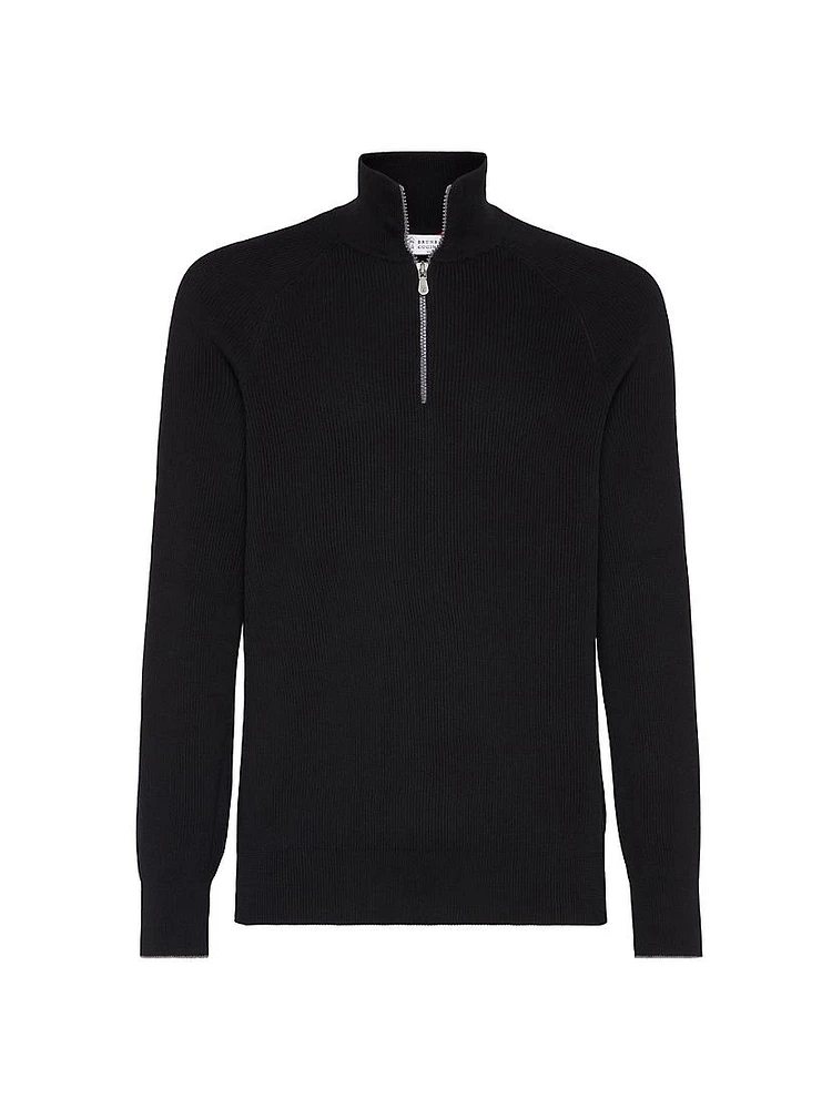 Cotton English Rib Sweater with Half Zip