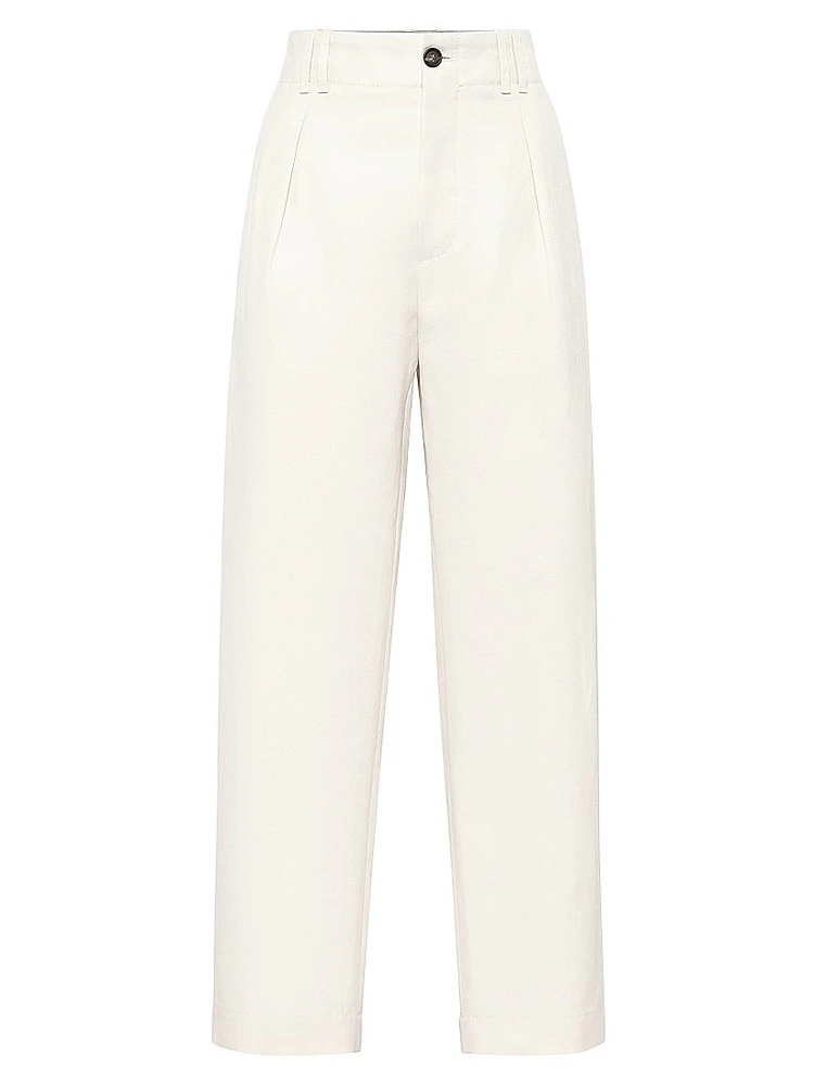 Cotton and Linen Canvas Pleated Chino Trousers