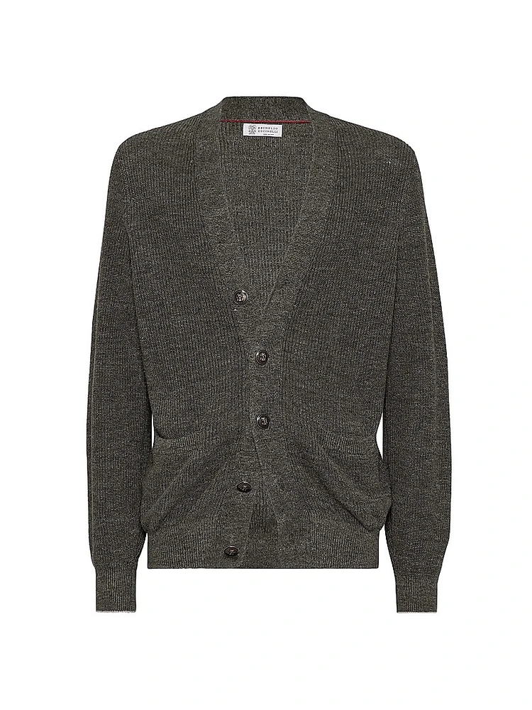 Linen and Cotton Half English Rib Cardigan with Metal Buttons