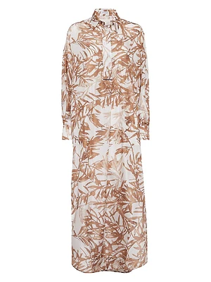 Silk Herbarium Print Pongee Shirt Dress with Monili