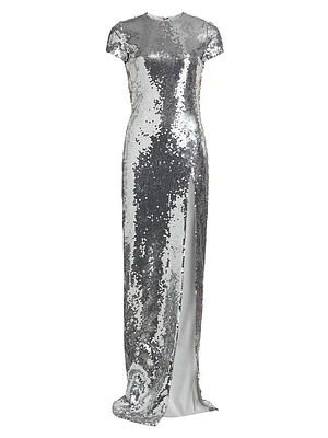 Metallic Sequin Short-Sleeve Slit Gown