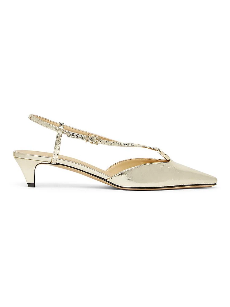 Fold Logo Metallic Leather Kitten-Heel Pumps