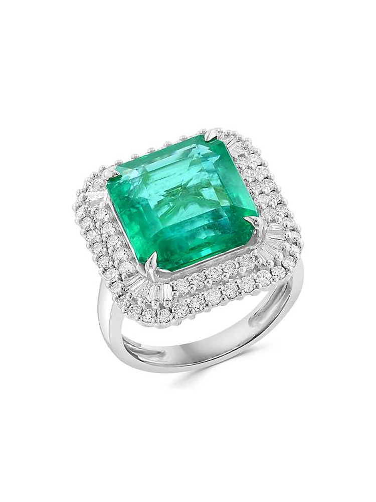 14K White Gold, Emerald & 0.99 TCW Diamond Halo Ring