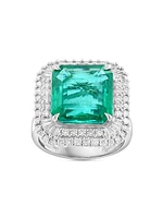 14K White Gold, Emerald & 0.99 TCW Diamond Halo Ring