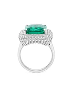 14K White Gold, Emerald & 0.99 TCW Diamond Halo Ring