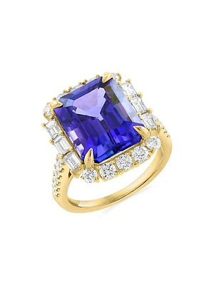 18K Yellow Gold, Tanzanite & 1.37 TCW Diamond Halo Ring