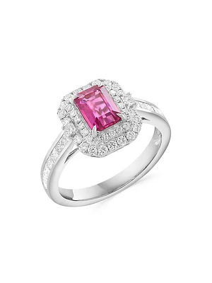 18K White Gold, Pink Sapphire & 0.90 TCW Diamond Halo Ring