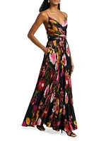 Yonah Pleated Floral Satin Maxi Dress