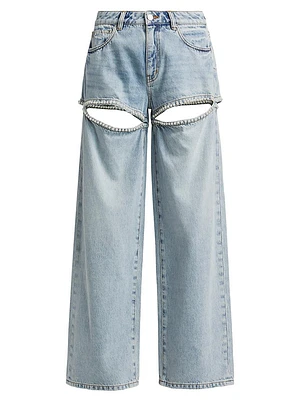 Baggy Pearl-Embellished Cut-Out Jeans