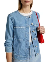 Lido Whipstiched Cotton Denim Collarless Jacket