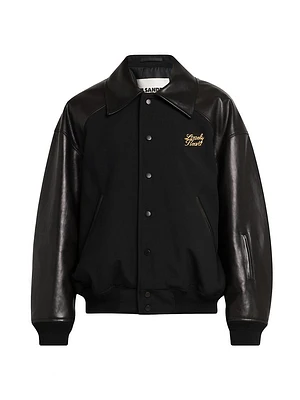 Lonely Heart-Embroidered Wool & Leather Varsity Jacket