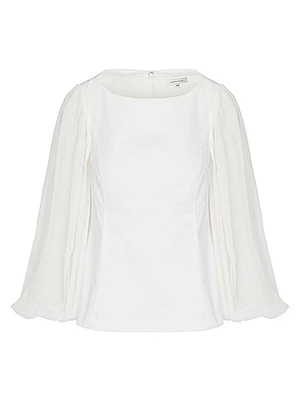 Cotton Chintz Boatneck Sheer-Sleeve Top