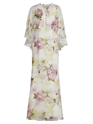 Floral Chiffon Ruffle Capelet Gown