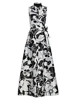 Floral Jacquard Tie-Waist Sleeveless Gown