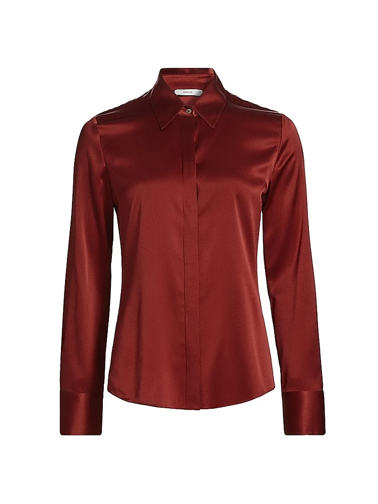 Satin Button-Front Slim-Fit Shirt