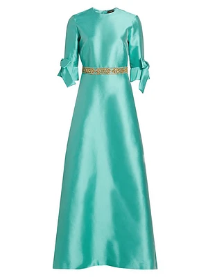 Satin Embellished Bow-Cuff Gown