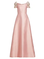 Embellished-Sleeve Satin A-Line Gown