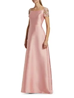 Embellished-Sleeve Satin A-Line Gown