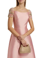 Embellished-Sleeve Satin A-Line Gown