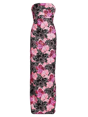 Embellished Floral Strapless Column Gown