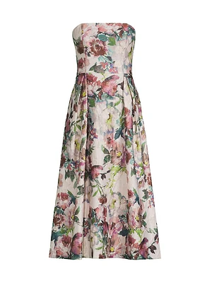 Floral Jacquard Strapless A-Line Midi-Dress