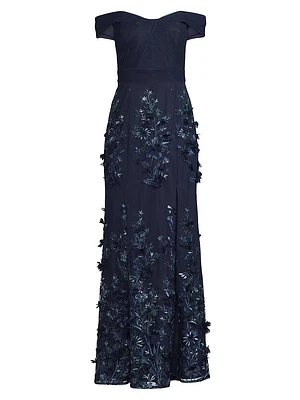 Sequined Floral-Embroidered Off-The-Shoulder Gown