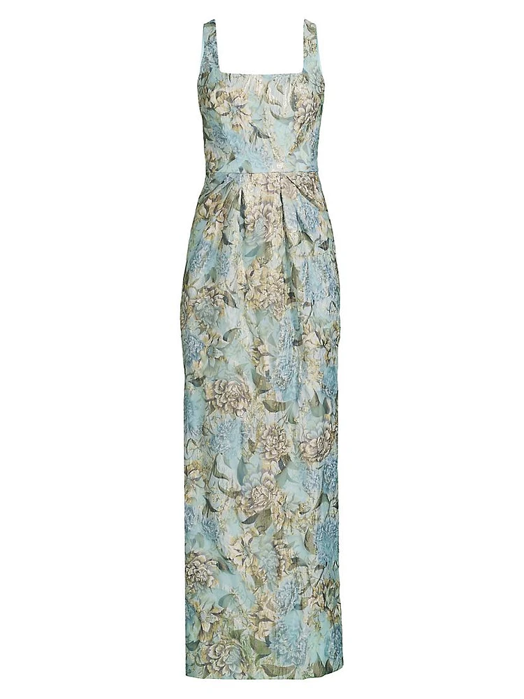 Floral Jacquard Back-Slit Sleeveless Maxi Dress