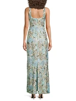Floral Jacquard Back-Slit Sleeveless Maxi Dress