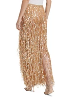 Sequin-Fringed Pencil Maxi Skirt