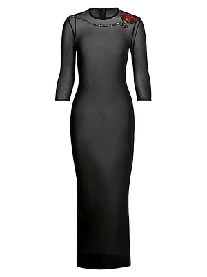 Embellished Sheer-Mesh Column Midi-Dress