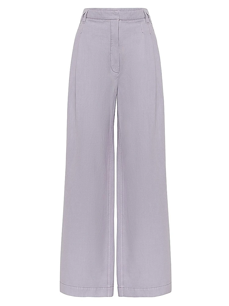 Garment Dyed Cotton and Linen Cover Smart Wide Trousers with Monili