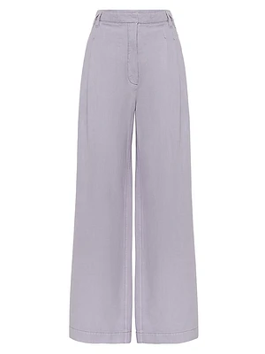 Garment Dyed Cotton and Linen Cover Smart Wide Trousers with Monili