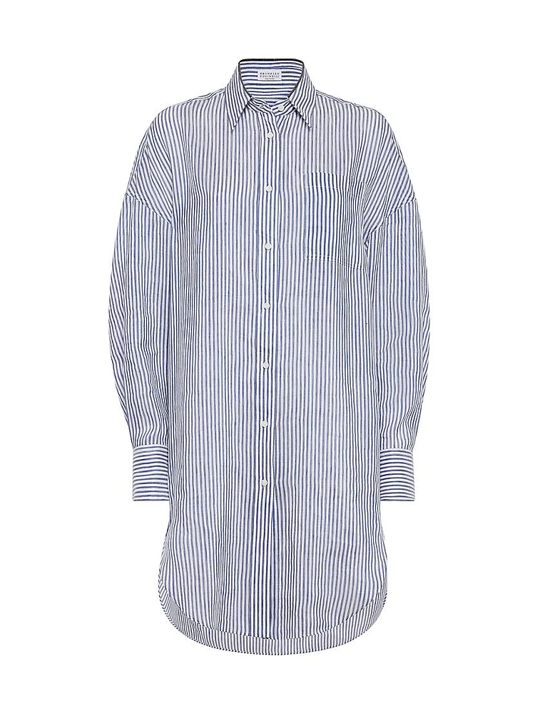 Striped Linen and Silk Organza Long Shirt
