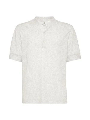 Ribbed Linen and Cotton Jersey T-Shirt with Henley Collar