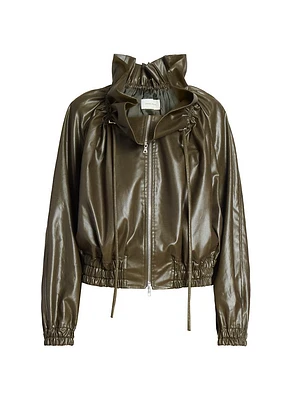 Faux-Leather Drawstring Collar Jacket