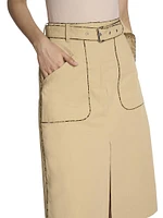 Snakeskin-Print Piped Cotton Slit-Front Knee-Length Skirt