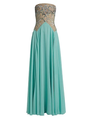 Embroidered Bodice Chiffon Strapless Gown