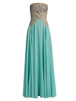 Embroidered Bodice Chiffon Strapless Gown