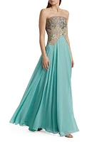 Embroidered Bodice Chiffon Strapless Gown
