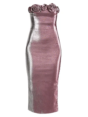 Stretch-Lamé Rosette Midi-Dress