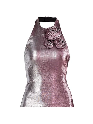 Stretch-Lamé Rosette Halter Top