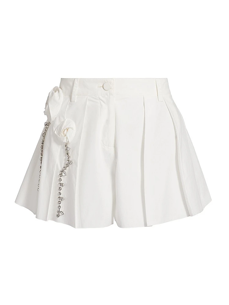 Crystal Rosette Pleated Cotton Poplin Skort