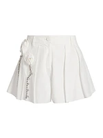 Crystal Rosette Pleated Cotton Poplin Skort